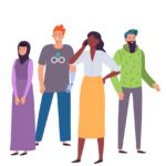Illustration of four people standing next to each other - a woman in a headscarf, man with orange hair, a prosthetic arm and Sojourn shirt, a woman with dark skin, wavy hair talking on the phone, and a middle eastern man with a long beard and green sweater