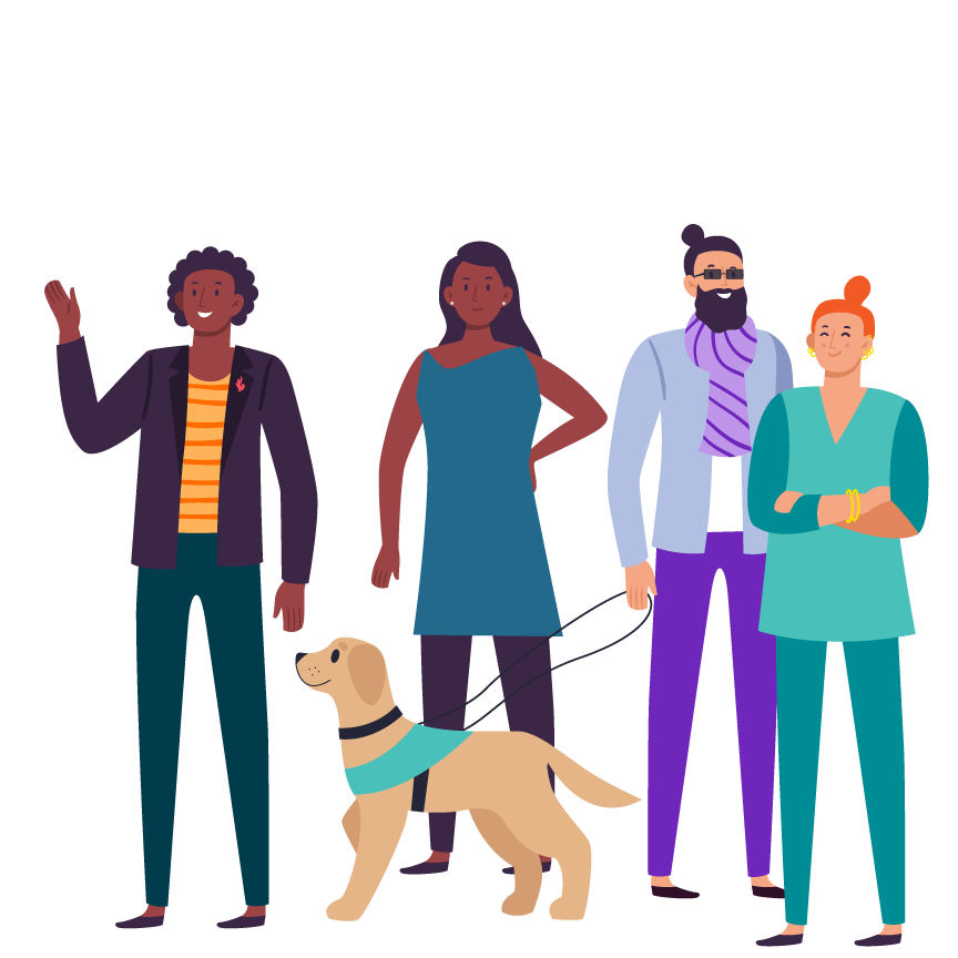An illustration shows four humans and one golden lab. The people are a diverse group, including who appears to be a black man with a short afro, a brown person with their hand on their hip, a middle eastern man with a bun and a white person with orange hair and their arms confidently crossed. Sojourn.