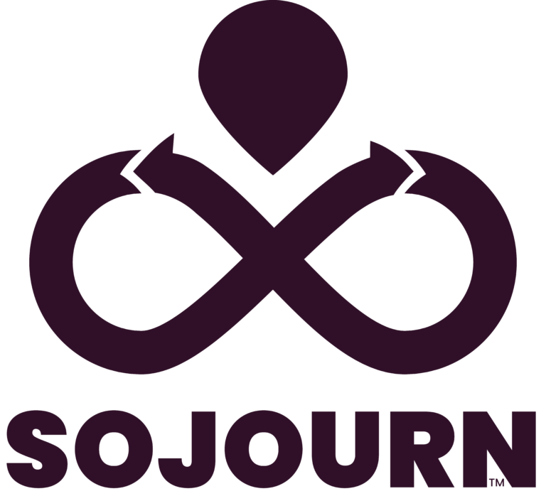 The Sojourn logo appears in a dark eggplant color featuring the word SOJOURN and an infinity sign with a map pin above it