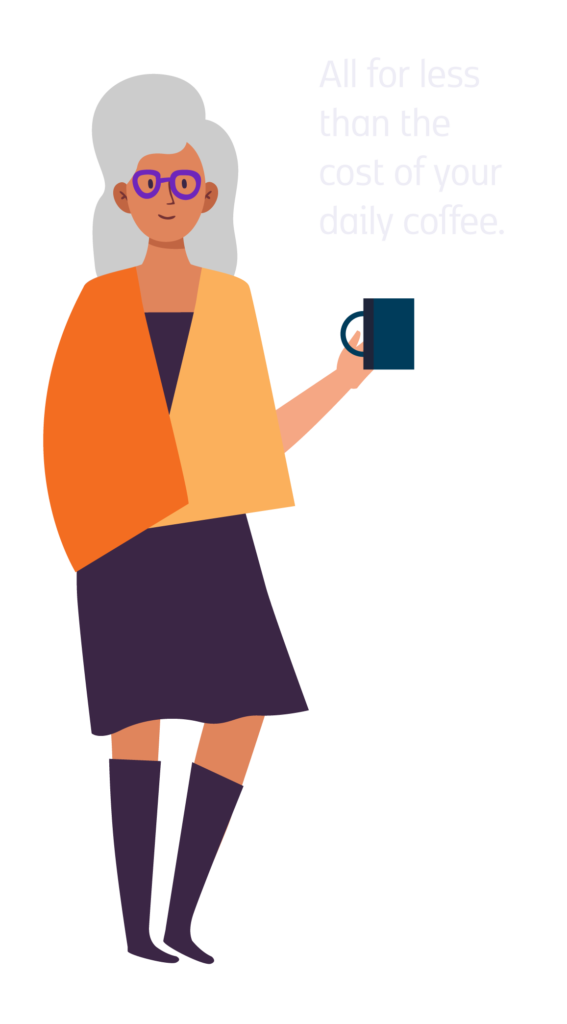 Illustration of a woman holding a coffee cup. Text reads, "All for less than the cost of your daily coffee."